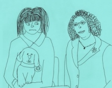 Sketch drawing of two people and a dog on lap